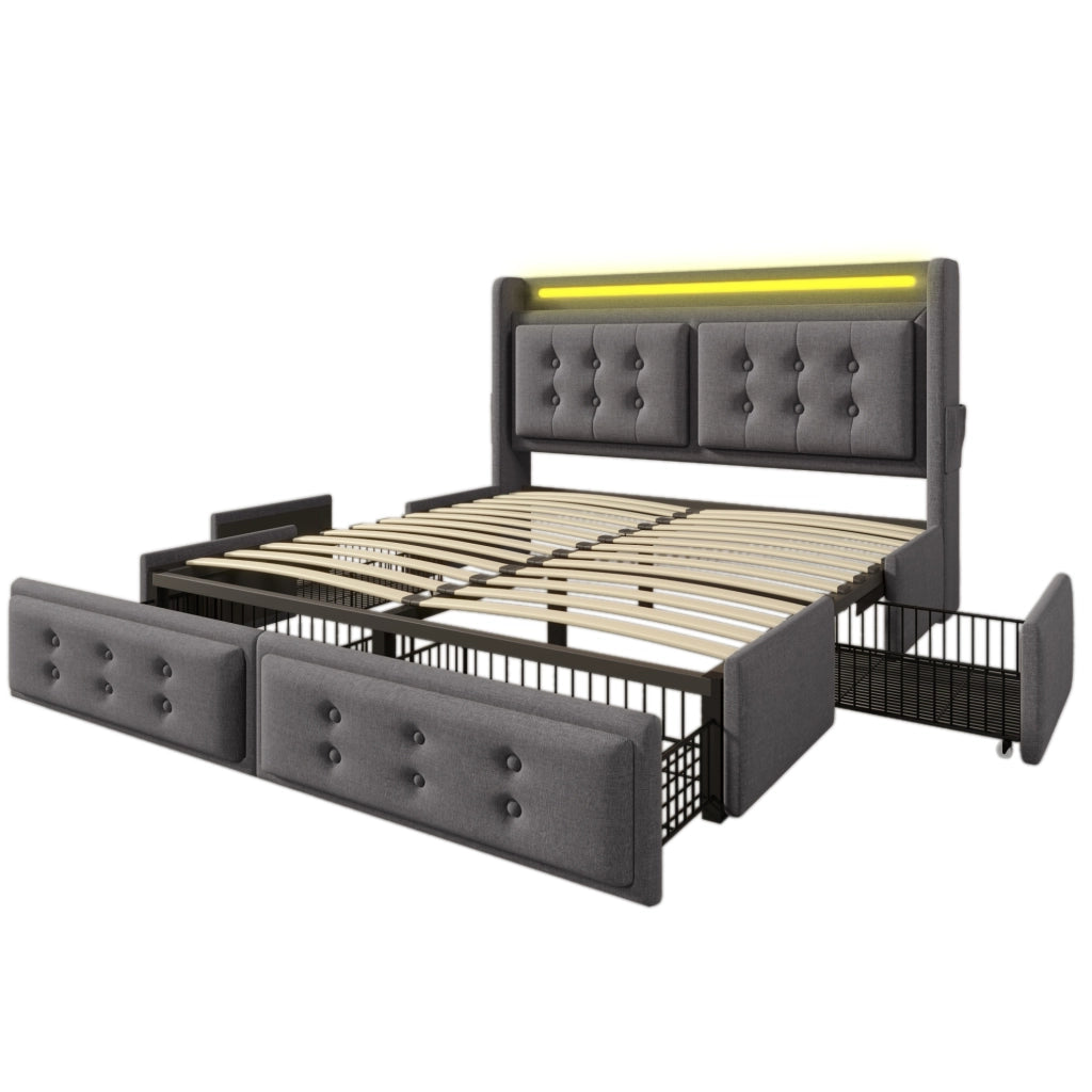 Letto contenitore 160x200 cm con LED; porta USB C e 4 cassetti; tessuto cotone-lino grigio