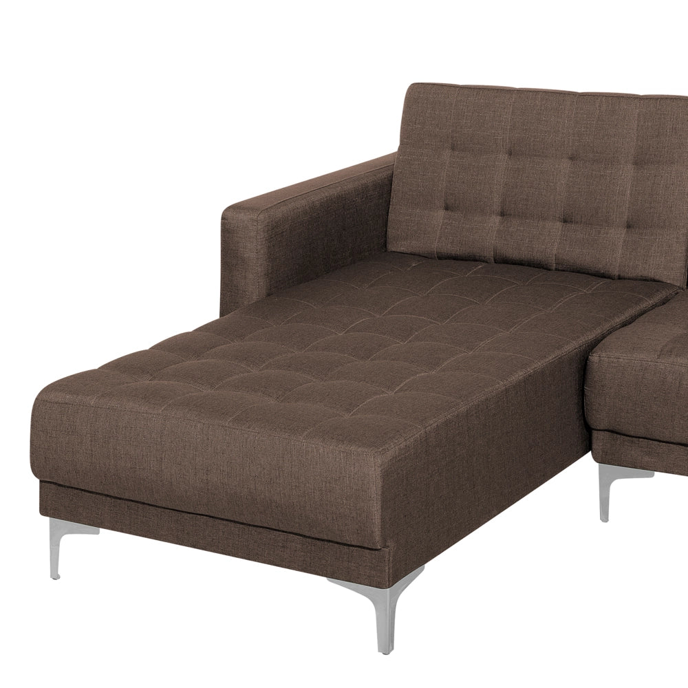 Divano letto angolare in tessuto capitonné marrone moderno a L componibile a 4 posti con ottomana chaise longue versione destra