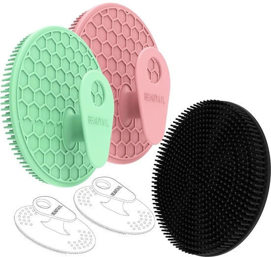 Kit di spazzole per corpo e viso in silicone 5 pezzi – Spazzola da doccia in silicone per donne e uomini, spazzola esfoliante morbida per la pelle sensibile, più igienico di un loofah – Nero + Rosa + Verde