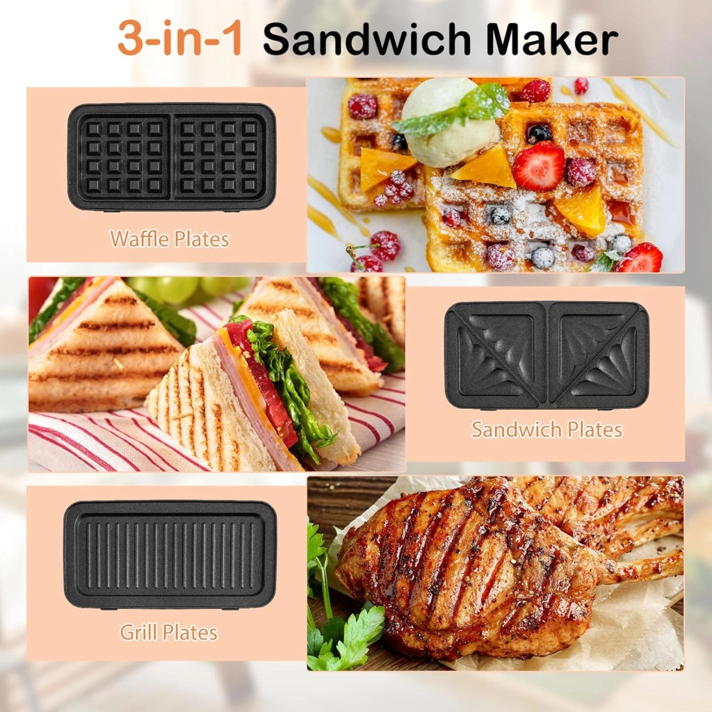 Tostapane 1200W, Piastra per Panini Sandwich Waffle 3 in 1, 5 Temperature Regolabili, Doppia Faccia, Piastra Grill Rimovibile e Lavabile, Protezione contro Surriscaldamento, Nero