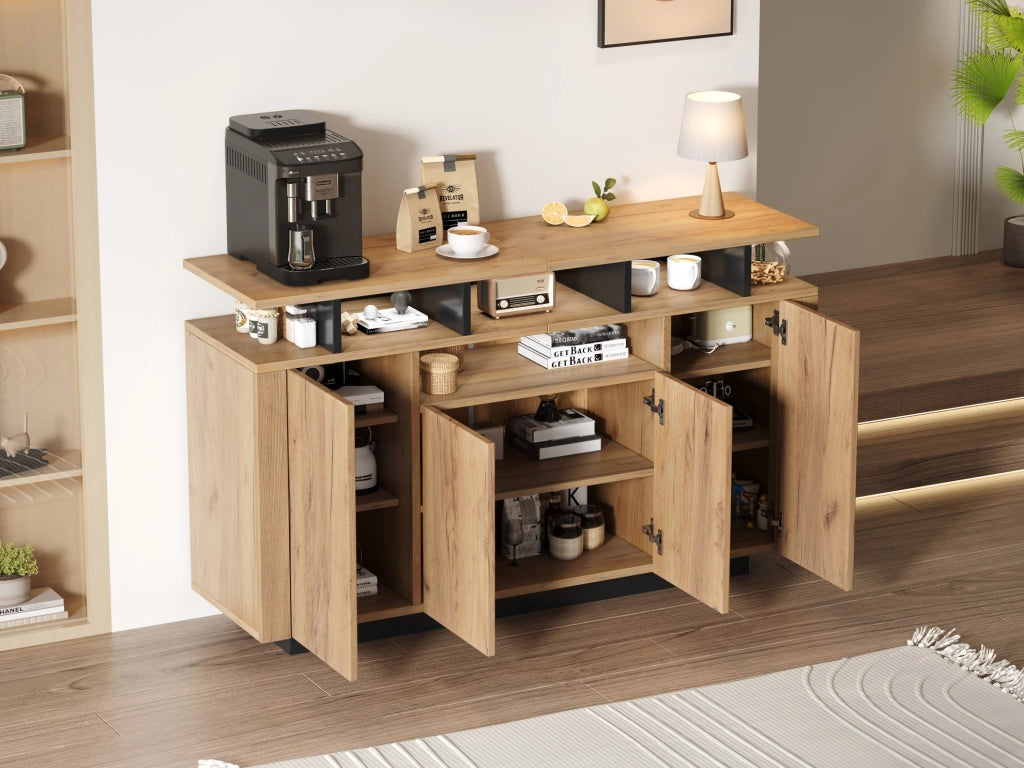 Credenza con 4 ante e 3 vani aperti, colore naturale