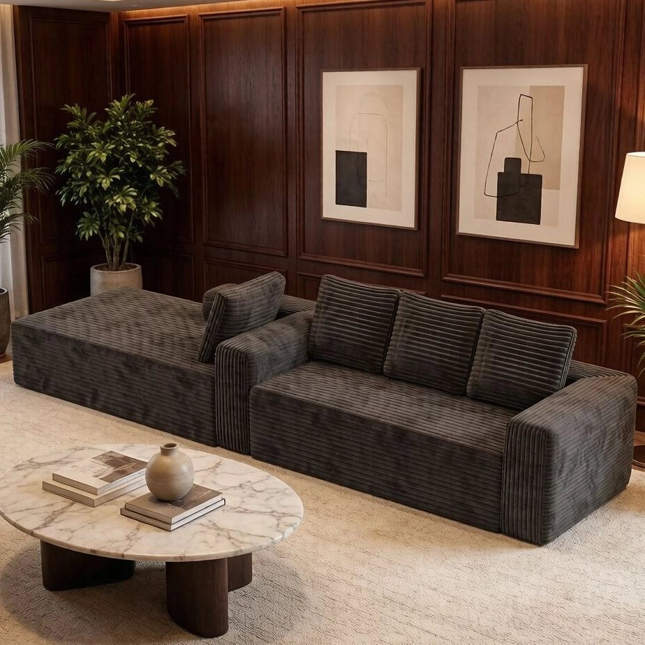 Divano modulare a L con chaise longue reversibile; 2 moduli; velluto a coste grigio