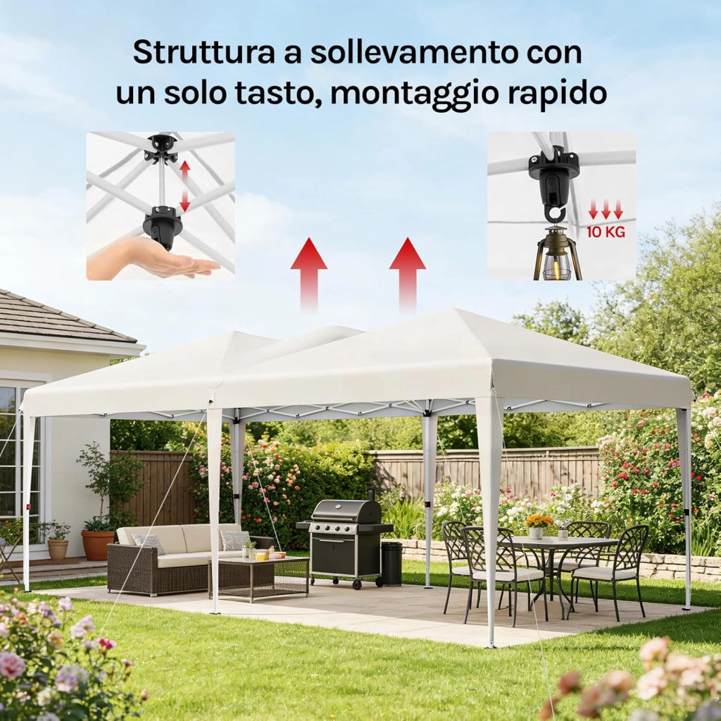Gazebo Esterno Resistente 3x6 m, Tendone da Giardino con 6 Pareti Rimovibili, Sistema Pop-Up, Altezza Regolabile, Borsa da Trasporto, per Campeggio, Festa, Matrimonio, Beige