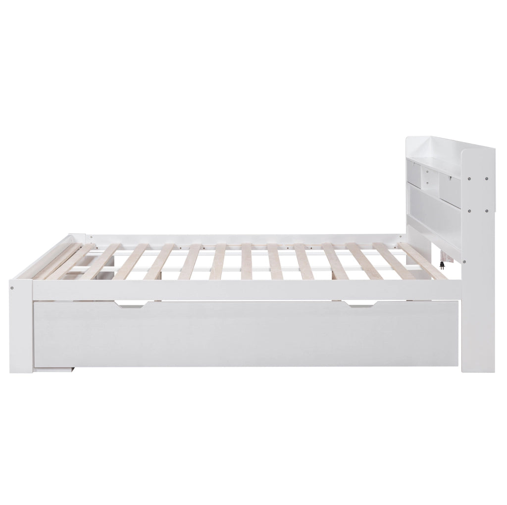 Letto matrimoniale 140x190 cm con USB; Type-C; cassetti e vani contenitore; bianco
