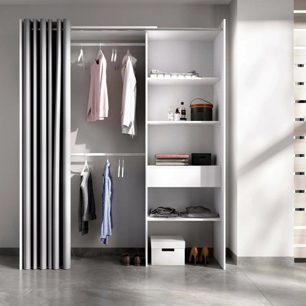 Guardaroba Arim, Struttura per cabina armadio, Mobile appendiabiti aperto, 160x50h205 cm, Bianco e Grigio