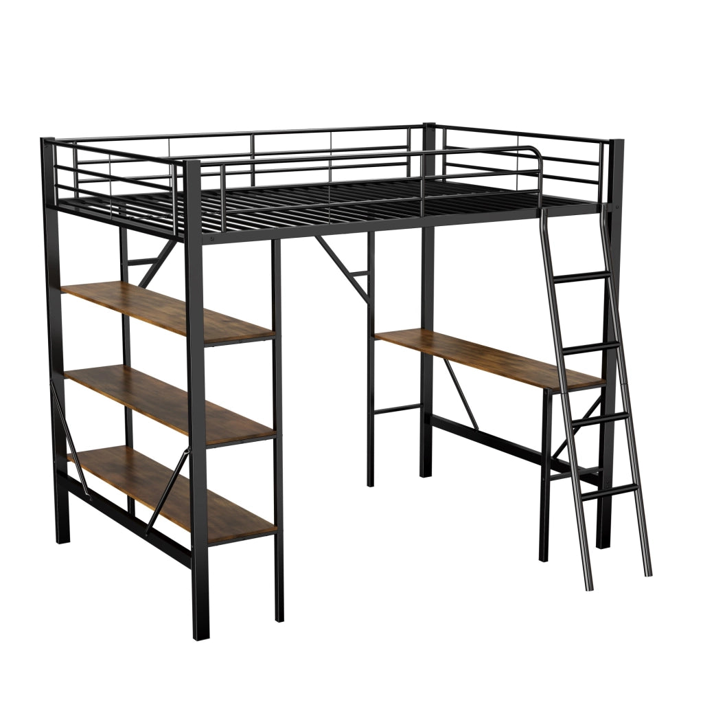 Letto a soppalco ULEVR 90x200 cm con scrivania e 3 ripiani, struttura in metallo e MDF nero