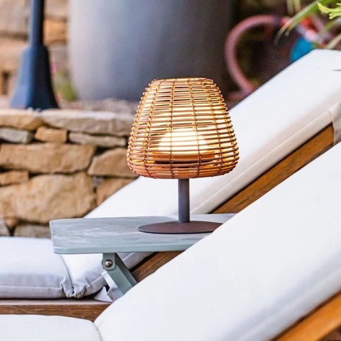 Lampada da tavolo senza fili - LUMISKY - BOHEME - H25 cm - Rattan naturale - Bianco caldo e LED bianco
