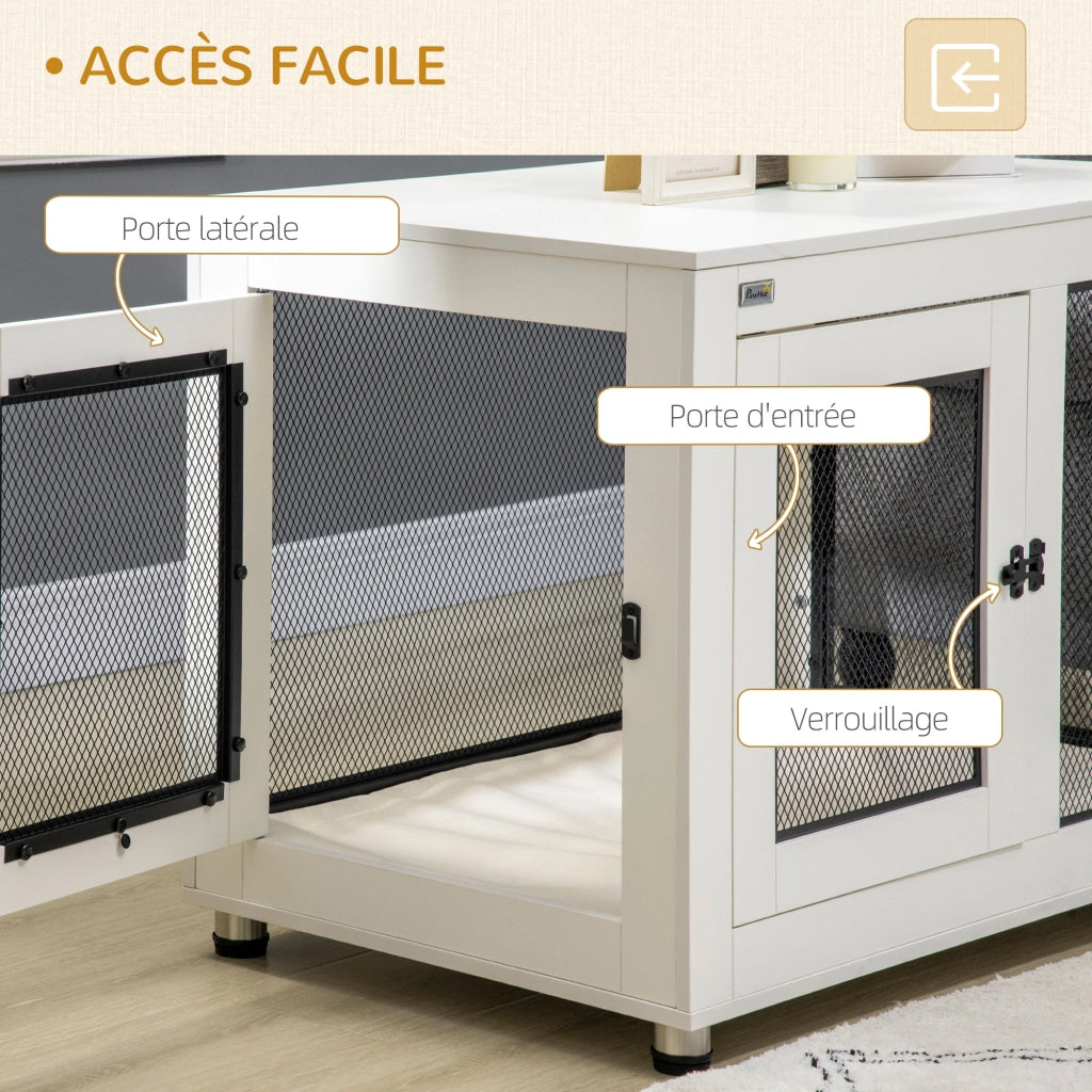 Gabbia per Cani Rialzata con Cuscino Rimovibile ¨C Xylo ¨C Acciaio Nero e Bianco 94x60x71,5 cm