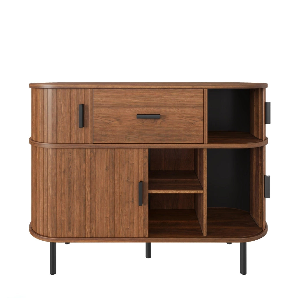 Credenza a 2 livelli con ante scorrevoli e cassetto, noce