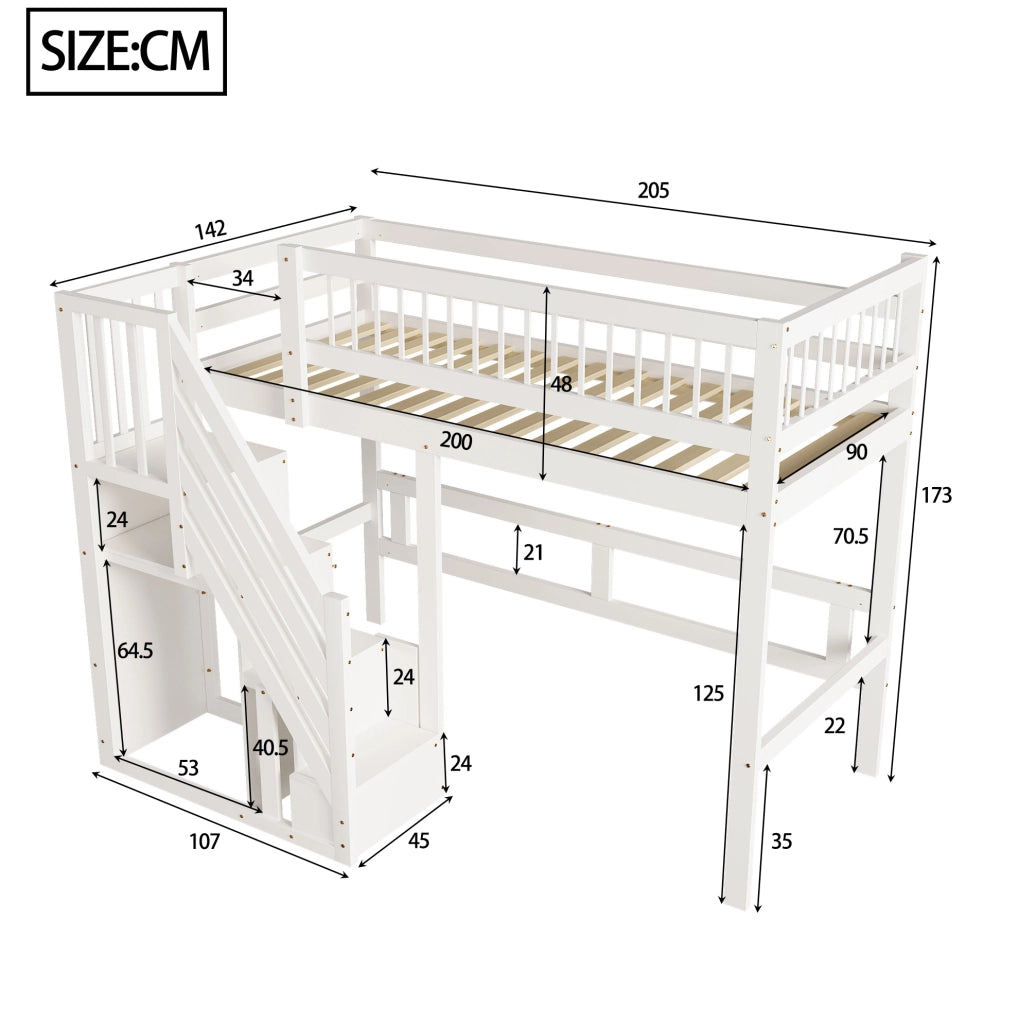 Letto singolo rialzato 90x200 cm con scala contenitore in pino, compensato e MDF bianco