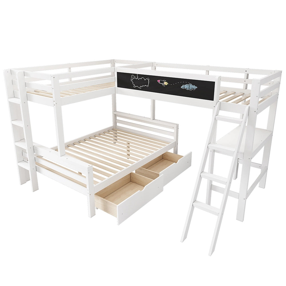 Letto a castello 140x200 e 90x200 - Xylo - 3 posti, cassetti, scrivania, scaffale, bianco