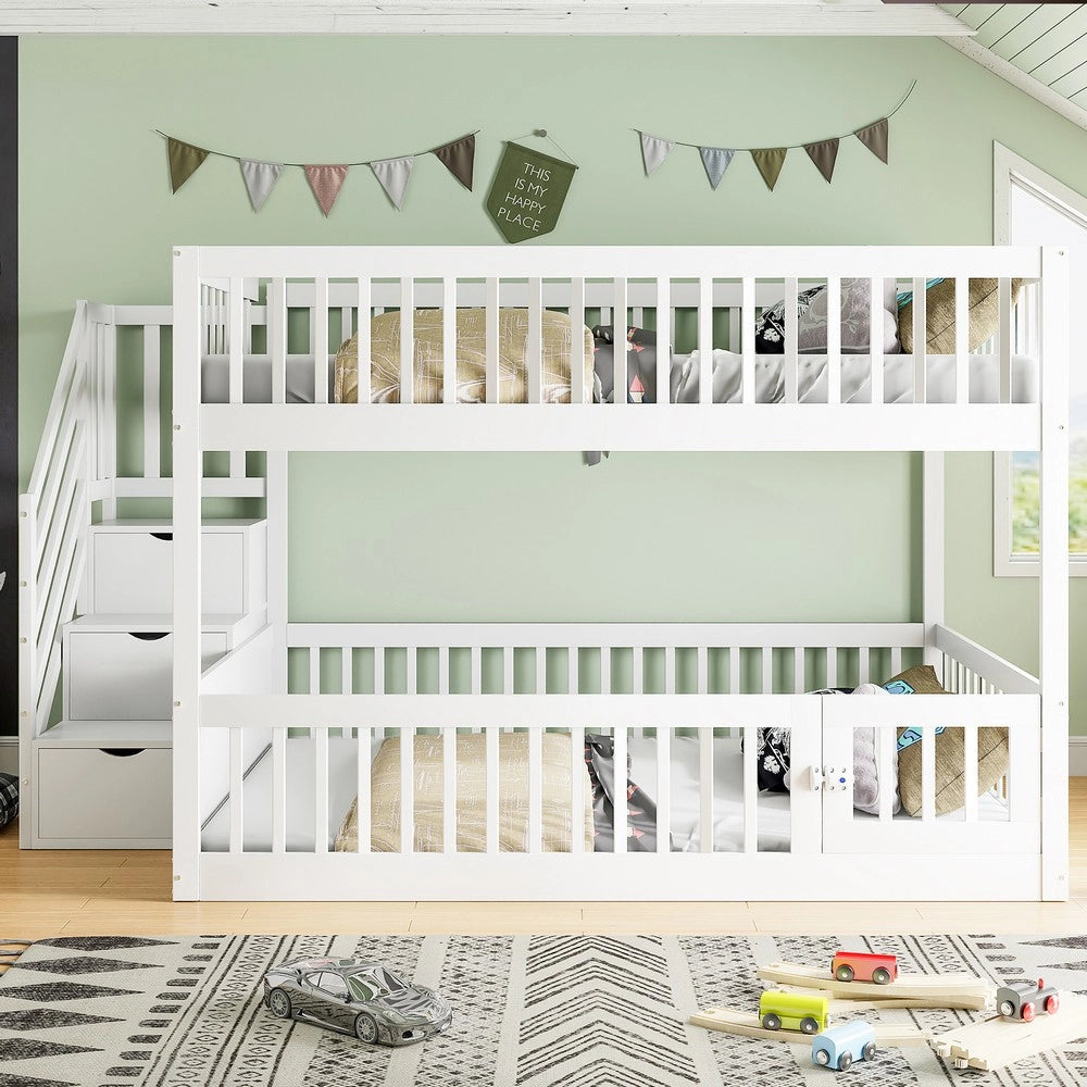 Letto a Castello 140x200 con Scaletta di Sicurezza e Cassetti ¨C MINIMAL ¨C Bianco, Legno