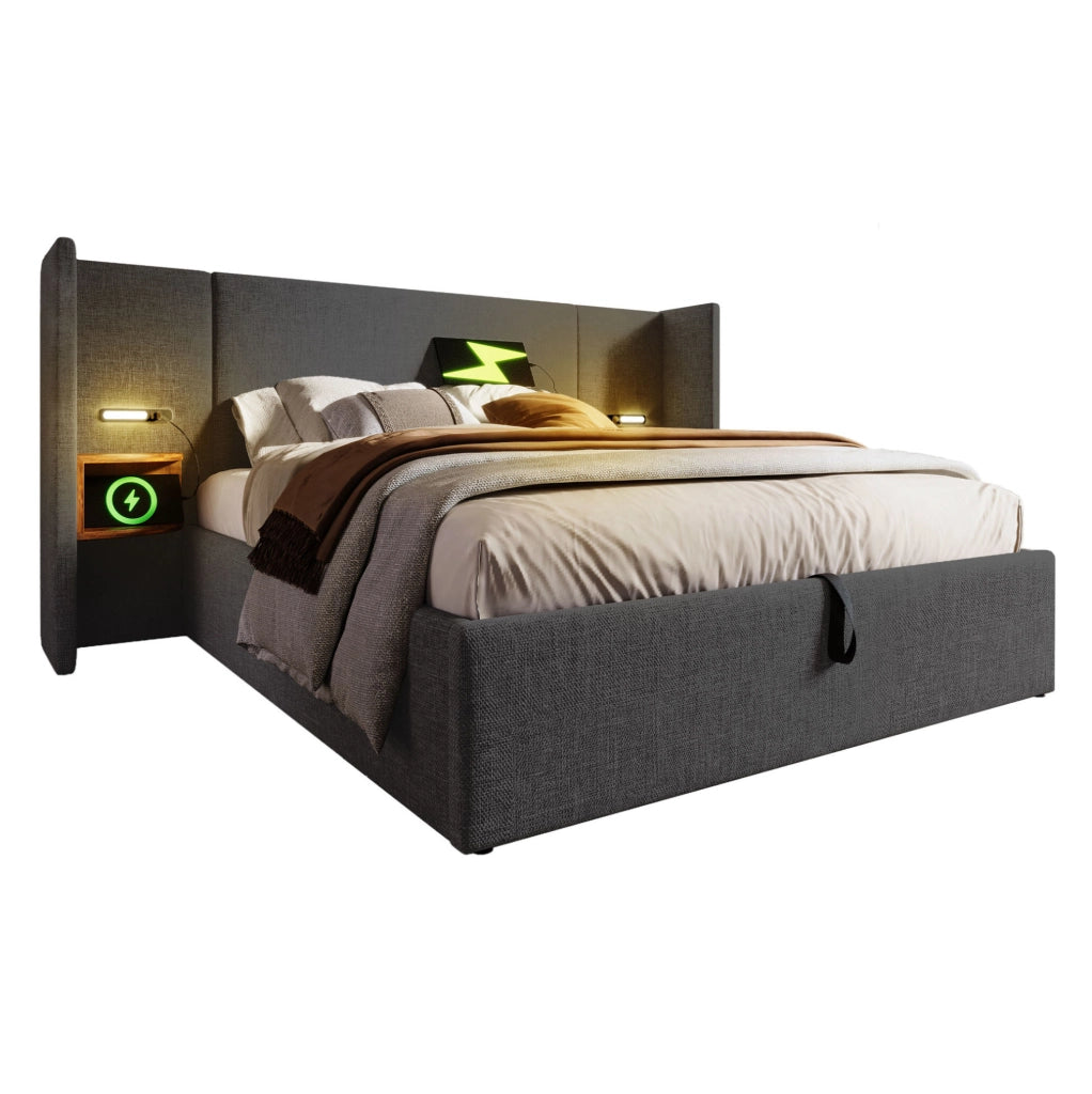 Letto matrimoniale imbottito con contenitore, lampada da lettura e ricarica USB Type-C