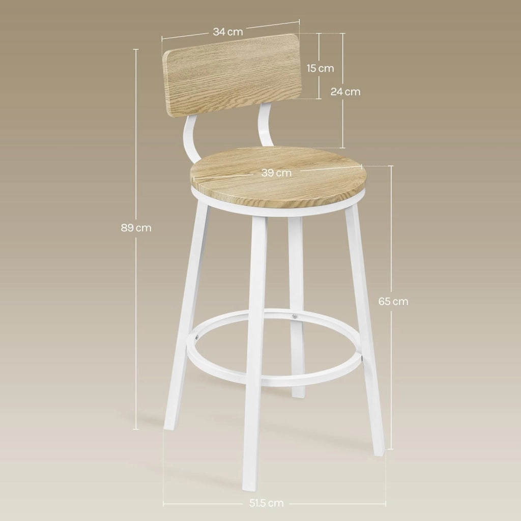 Sgabelli Cucina Set di 4, Sgabelli da Bar per Colazione, con Poggiapiedi e Schienale, Struttura in Metallo, Effetto Legno Chiaro