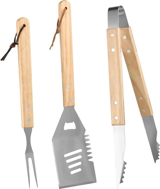 Set di accessori per grigliata - 3 pezzi con pinza per griglia, forchetta per carne, spatola - acciaio inossidabile, maniglie in legno