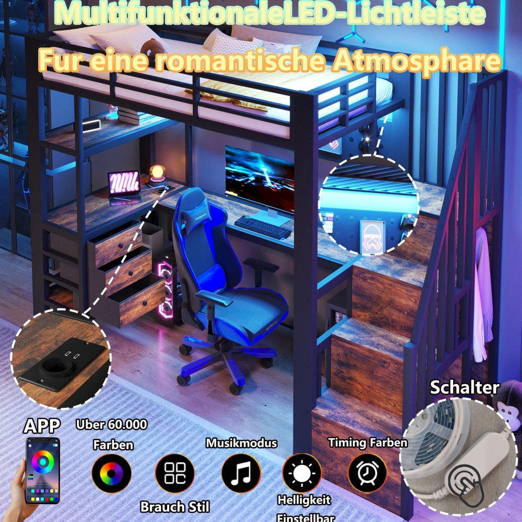 LETTO a soppalco 90x200 cm in metallo e MDF nero con scrivania