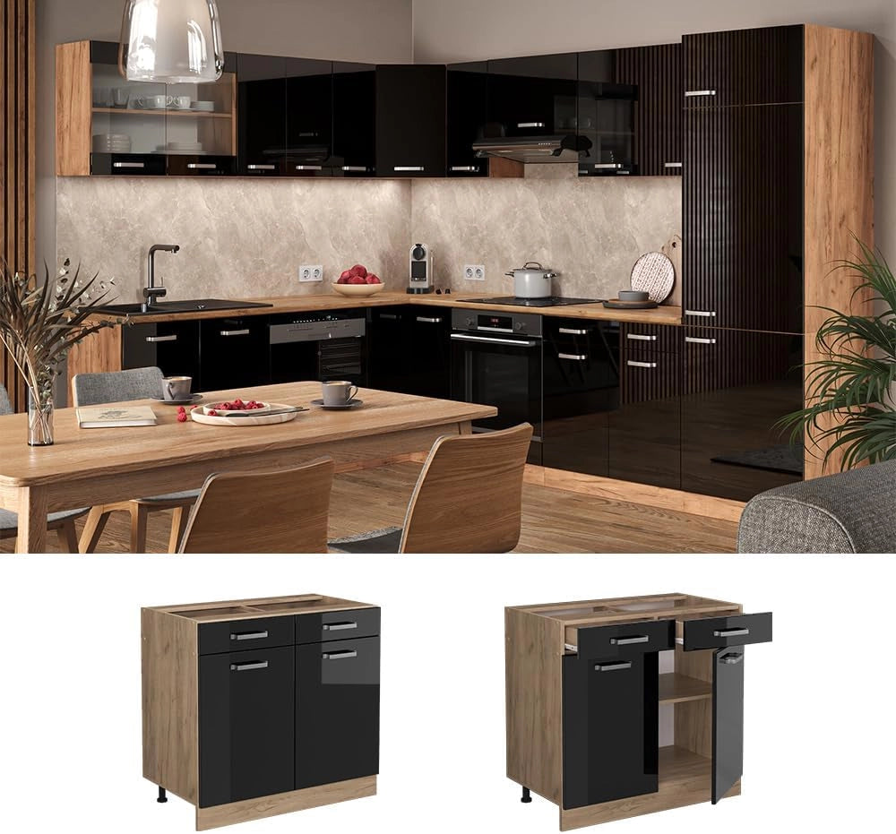 Mobiletto base per cucina R-Line, Nero lucido, 80 cm senza piano di lavoro, per la libera combinazione all'interno di sistemi cucina modulari