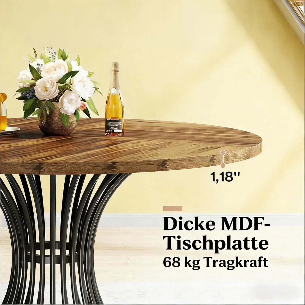 Tavolo da pranzo rotondo per 6 persone con base a clessidra e piedini regolabili in MDF e metallo nero