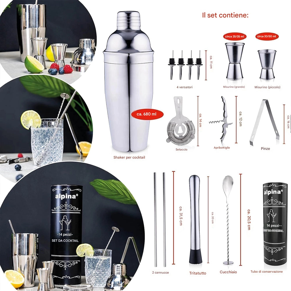 Set da Cocktail Completo 14Pz con Shaker Stamper Jigger Accessori in Acciaio Inox