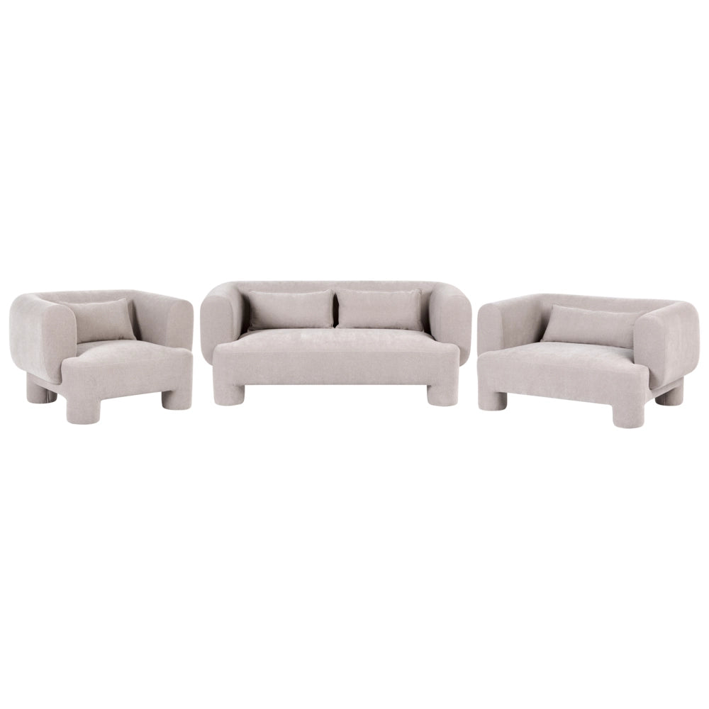 Set da salotto divano a 3 posti, divanetto e poltrona in tessuto beige scuro, dalle linee morbide e curve, in stile retrò minimalista