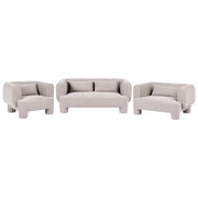Set da salotto divano a 3 posti, divanetto e poltrona in tessuto beige scuro, dalle linee morbide e curve, in stile retrò minimalista