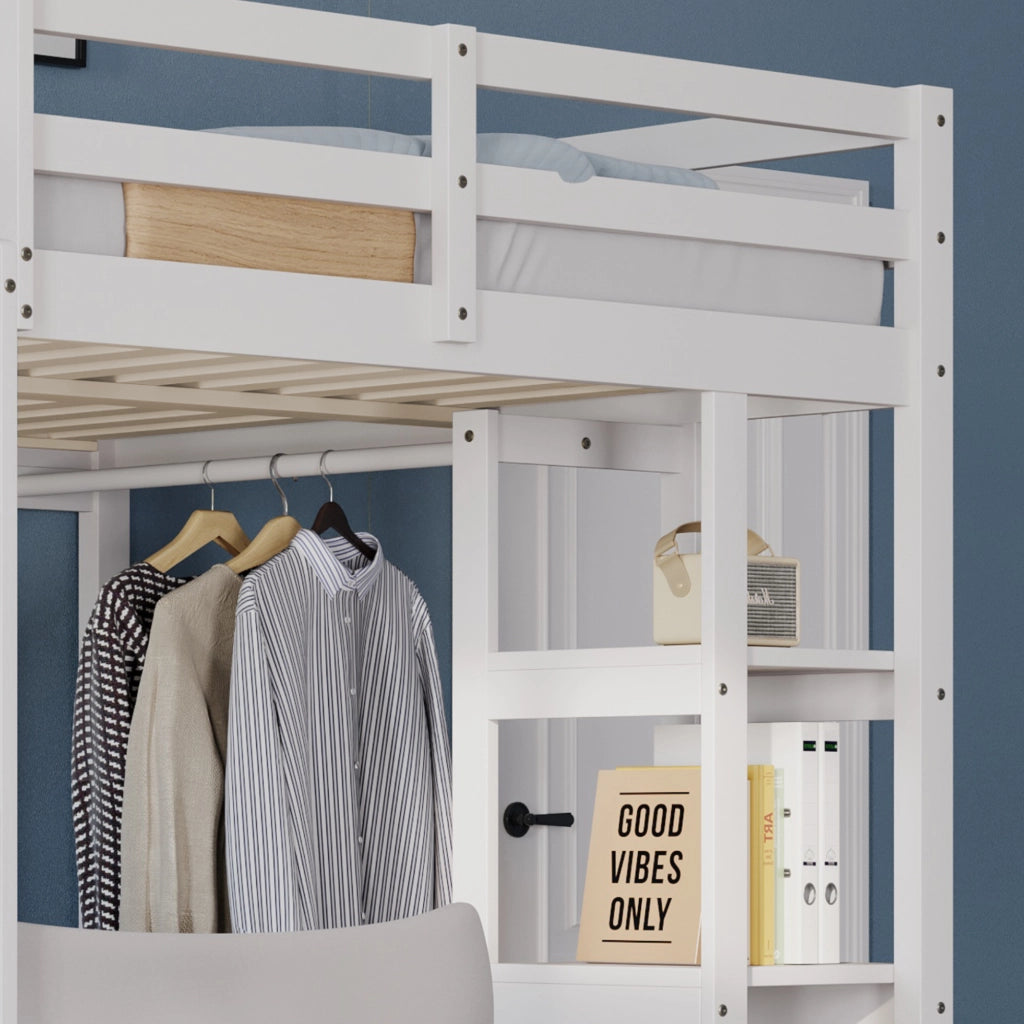 OKWISH Letto a soppalco 140×200 cm, Letto Matrimoniale con Scrivania, Mensole e Appendiabiti, senza Materasso, in Legno, Bianco