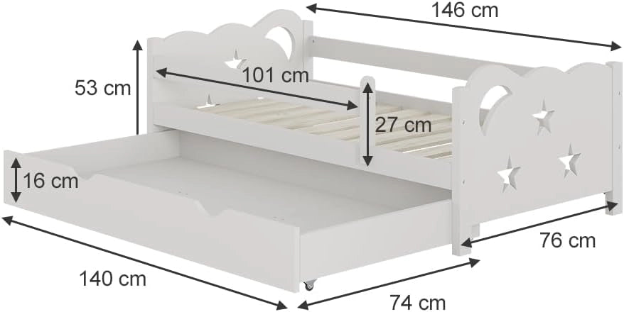 Letto per bambini Jessica, Bianco, 70x140 cm con cassetto, senza materasso, estendibile come letto per ragazzi, combinabile con la serie Jessica