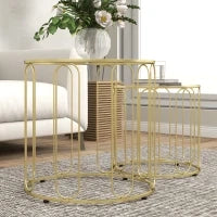 Set di 2 Tavolini Imbottiti Rotondi Moderni con Struttura in Metallo e Piano in Vetro Temperato, Tono Dorato