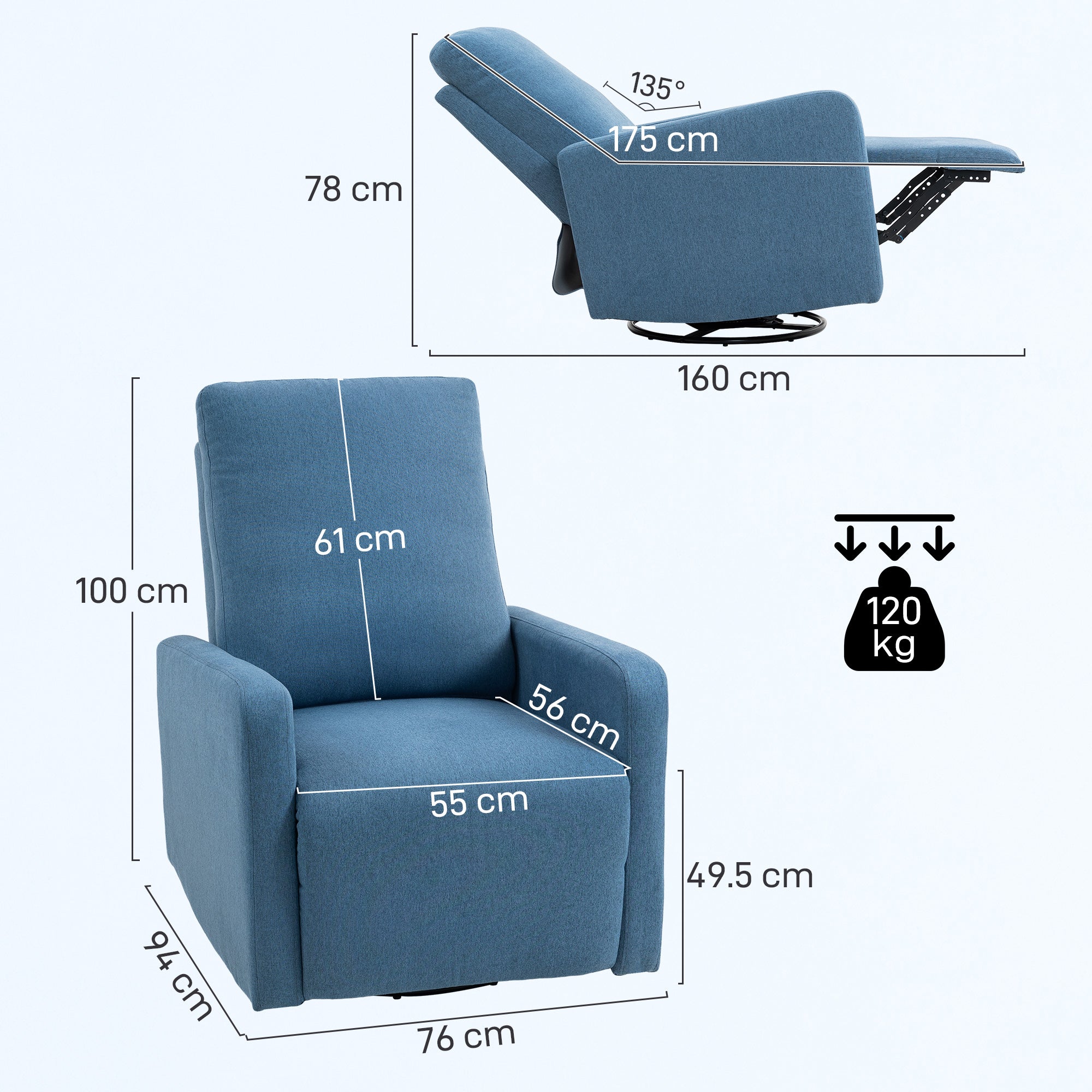 Poltrona Relax Reclinabile Manualmente a 135° Girevole a 360° con Funzione Dondolo Blu