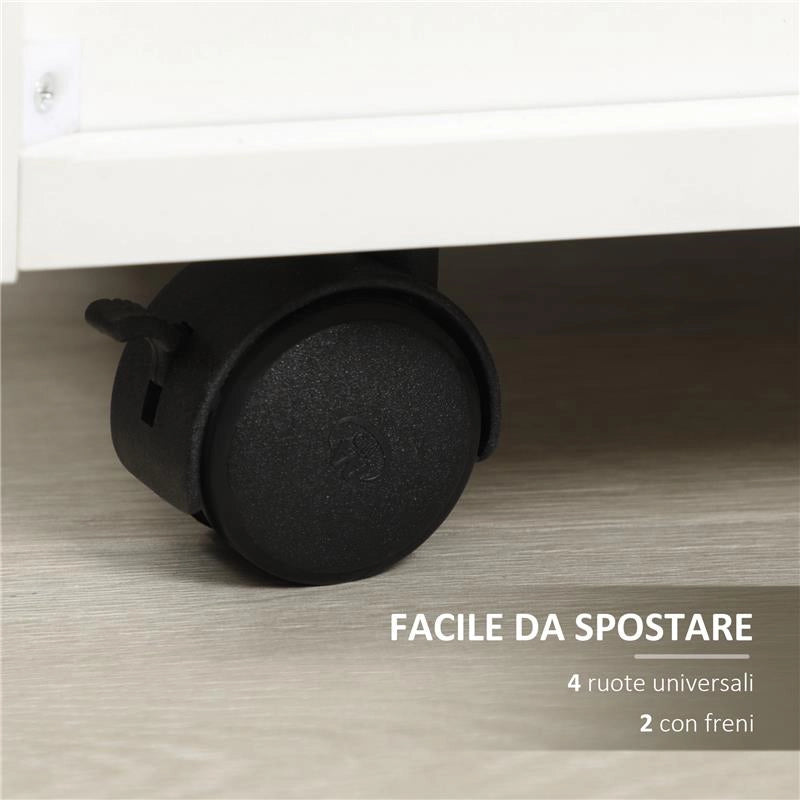 CASSETTIERA DA UFFICIO IN LEGNO CON 4 CASSETTI, RUOTE E BORDI RIALZATI, 40X36X65CM, BIANCO