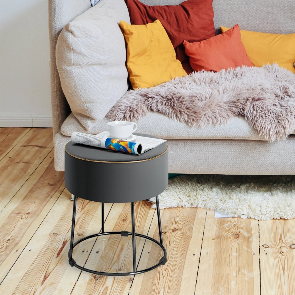 Pouf rotondo in velluto con base in metallo sedile imbottito spesso e piedini antiscivolo, Sgabello da trucco Grigio-Sgabelli