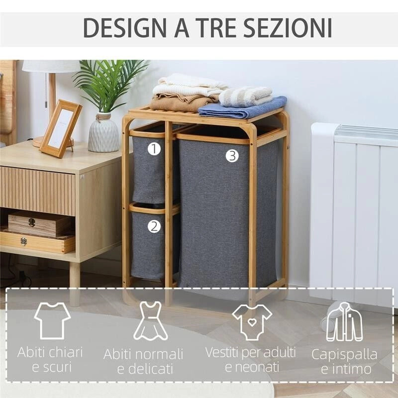 CESTO PORTABIANCHERIA CON 3 SCOMPARTI ESTRAIBILI IN TESSUTO 50X32X69.7CM BICOLOR