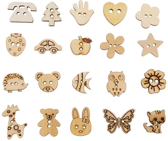 Punti decorativi in legno 200 pezzi - Animali cartoon variopinti - Punti decorativi - Punti in legno naturali - Accessori DIY - Resistenti e duraturi