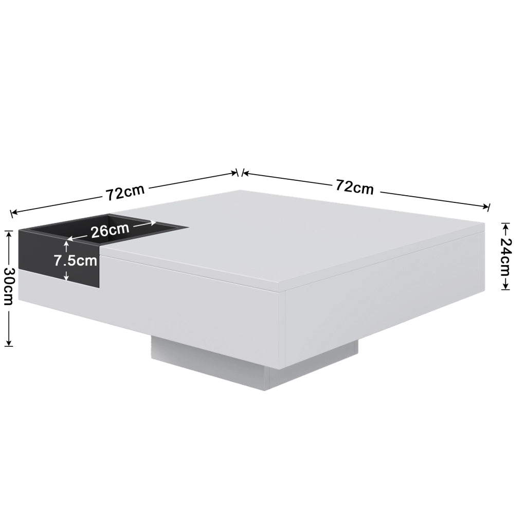 Tavolino da caffè LED bianco e nero con contenitore removibile 72×72×30 cm