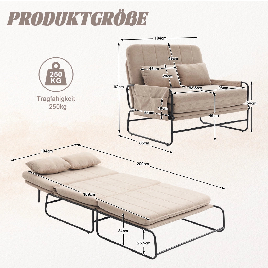 Divano letto 2 posti 104x85x92 cm trasformabile in letto in chenille khaki