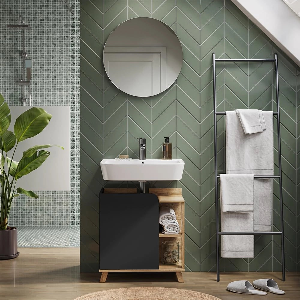 Mobiletto per lavabo Karen, Sonoma/antracite, 60 x 65 cm con porta e vani aperti, con ritaglio per sifone per il montaggio sotto il lavabo