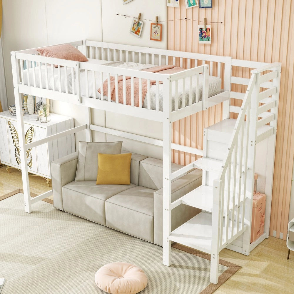 Letto a Soppalco con Scala e Armadio ¨C MINIMAL ¨C Legno Bianco 90x200