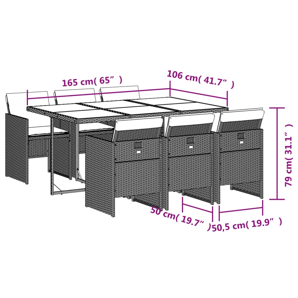 Set da Pranzo da Giardino 7 pz Nero con Cuscini in Polyrattan 3277682