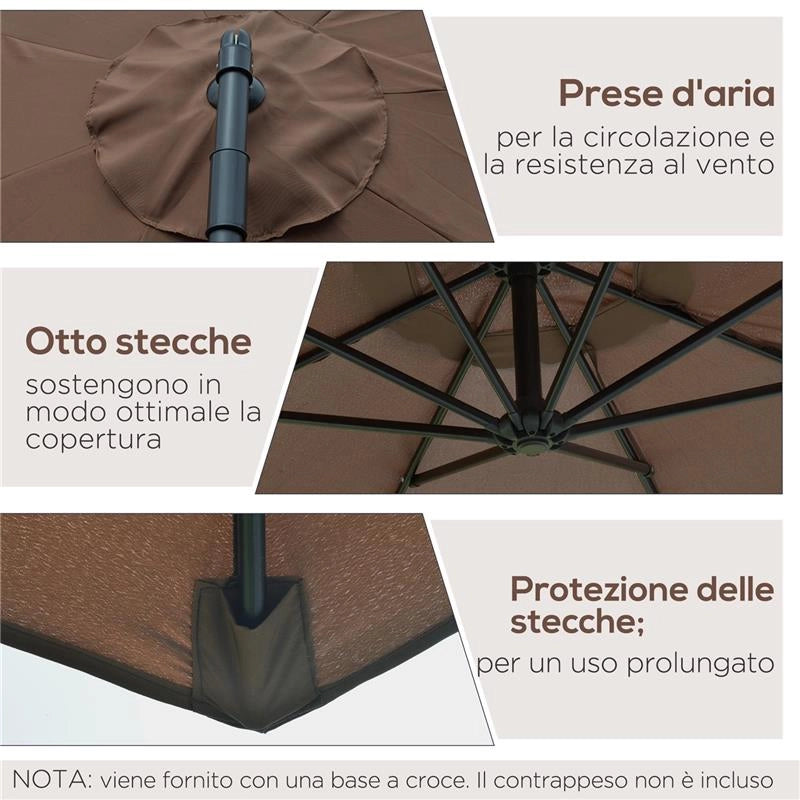 OMBRELLONE DECENTRATO Ø 3X2.5 M CON BASE A CROCE E MANOVELLA IN ACCIAIO E POLIESTERE COLOR CAFFÈ