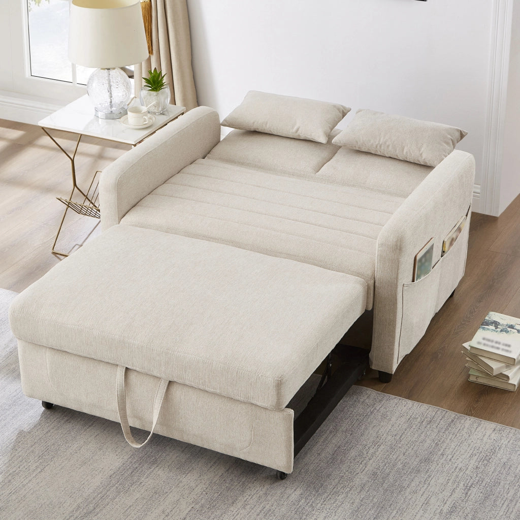 Divano Letto 2 Posti Estraibile con Schienale Regolabile 3 Posizioni e Cuscini Design Salvaspazio Struttura Legno Metallo in Tessuto Beige