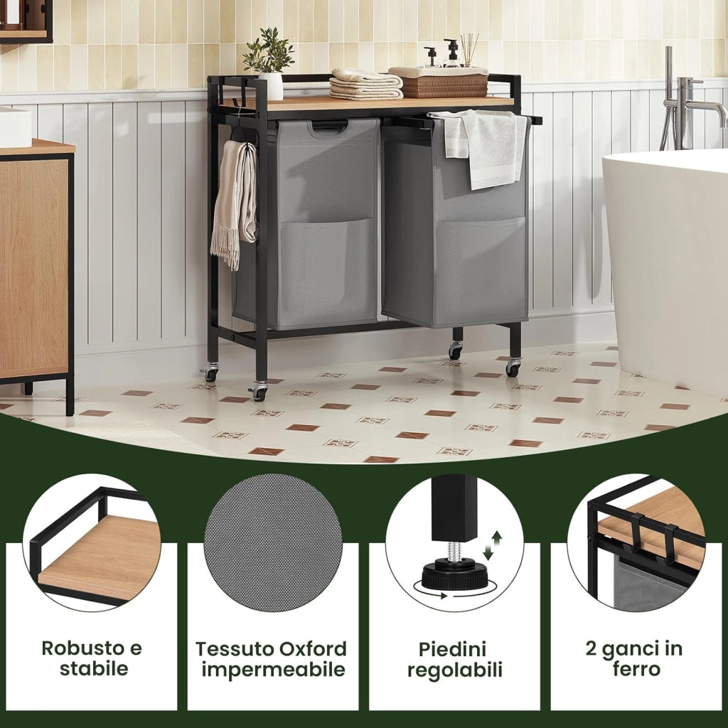 Cesto Portabiancheria, 2 Sacchi in Tessuto Oxford Rimovibili, Porta Biancheria, Struttura in Metallo, per Bagno e Lavanderia, 70x30x71cm, Capacità 40L per Cesto