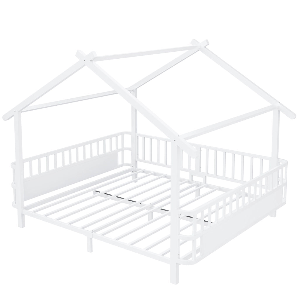 Letto per bambini in metallo a forma di casa 140x200 cm bianco con sponde di sicurezza