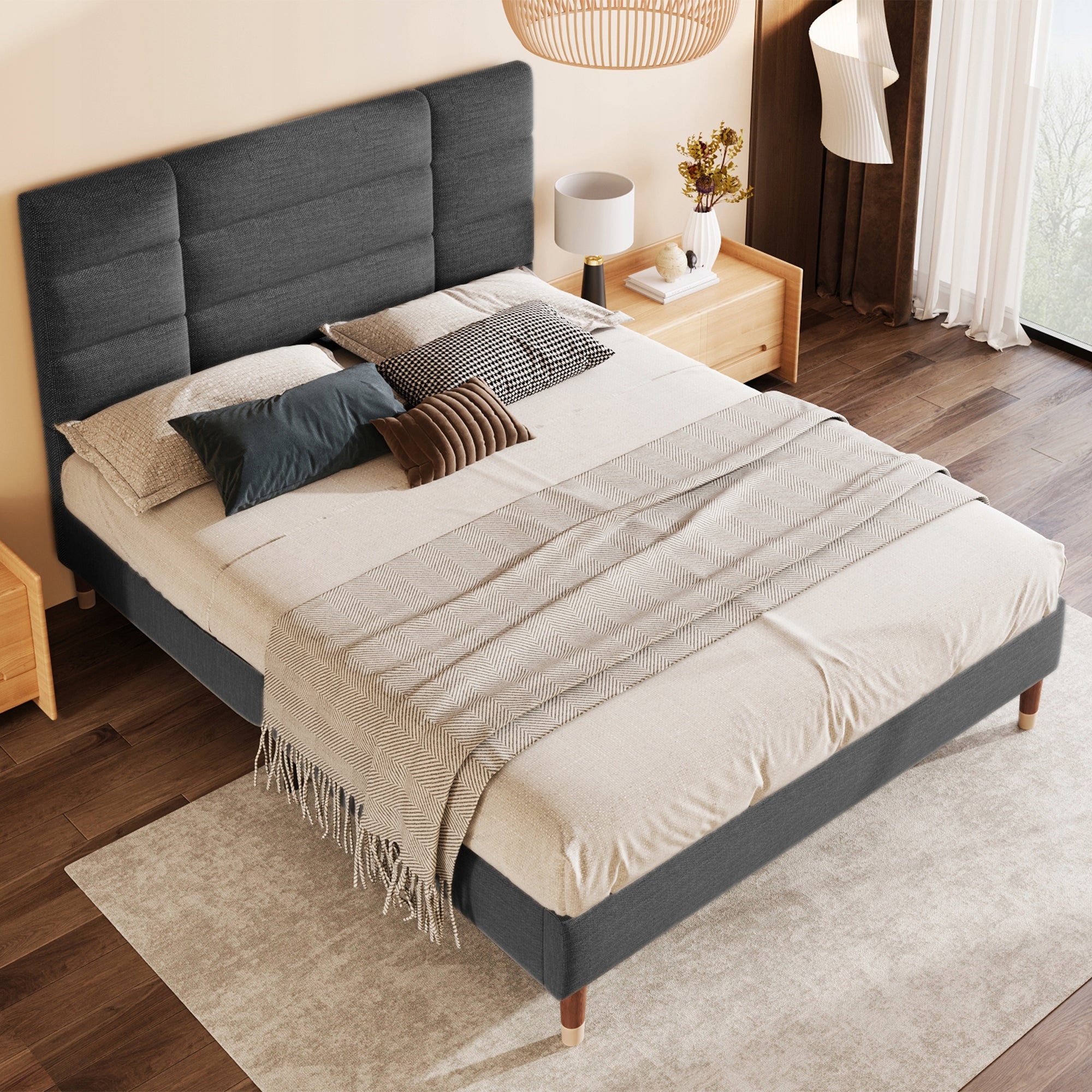 Letto imbottito 140x200 - Xylo - Grigio scuro, lino