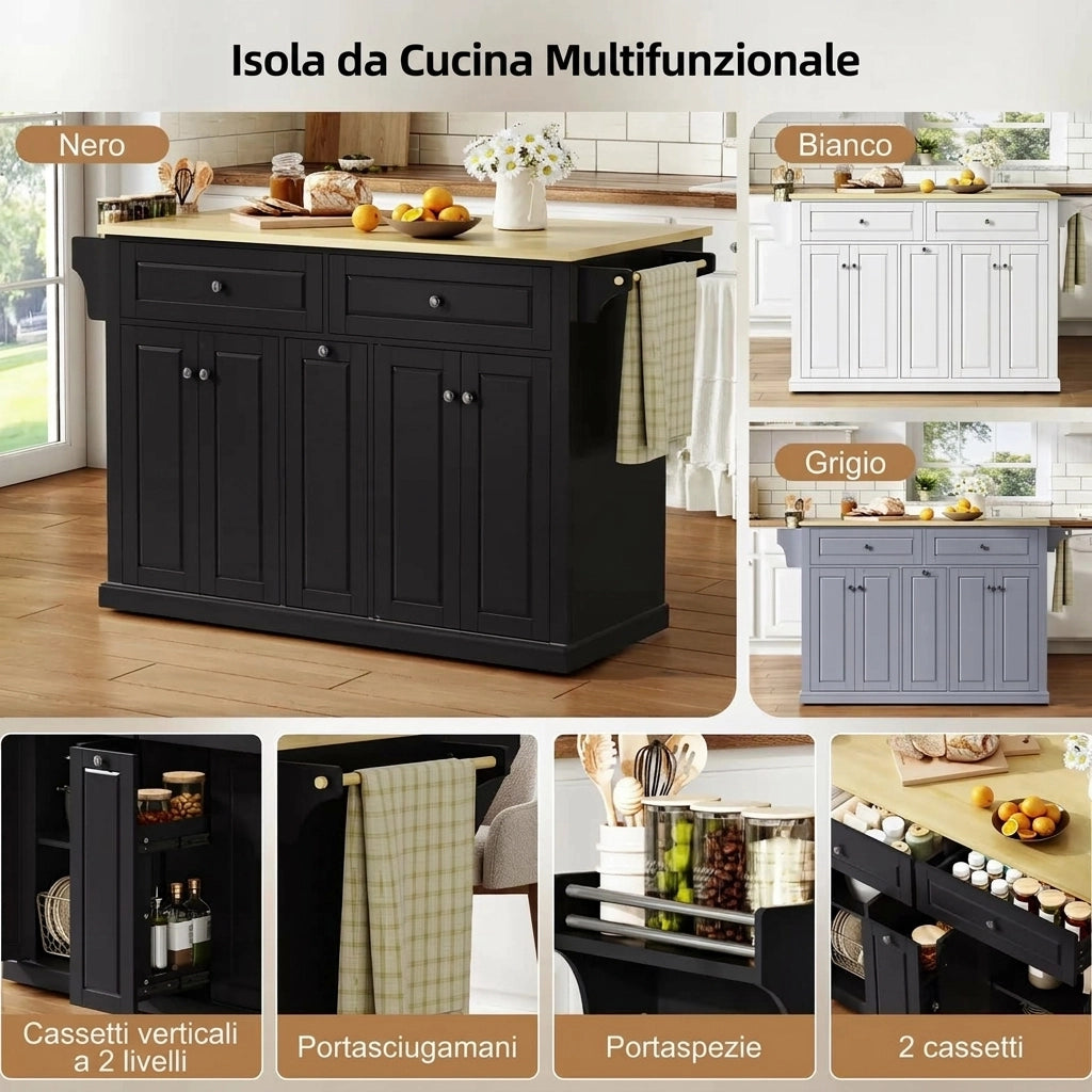 Isola cucina mobile con piano pieghevole 121 cm e 4 cassetti; MDF; naturale e nero