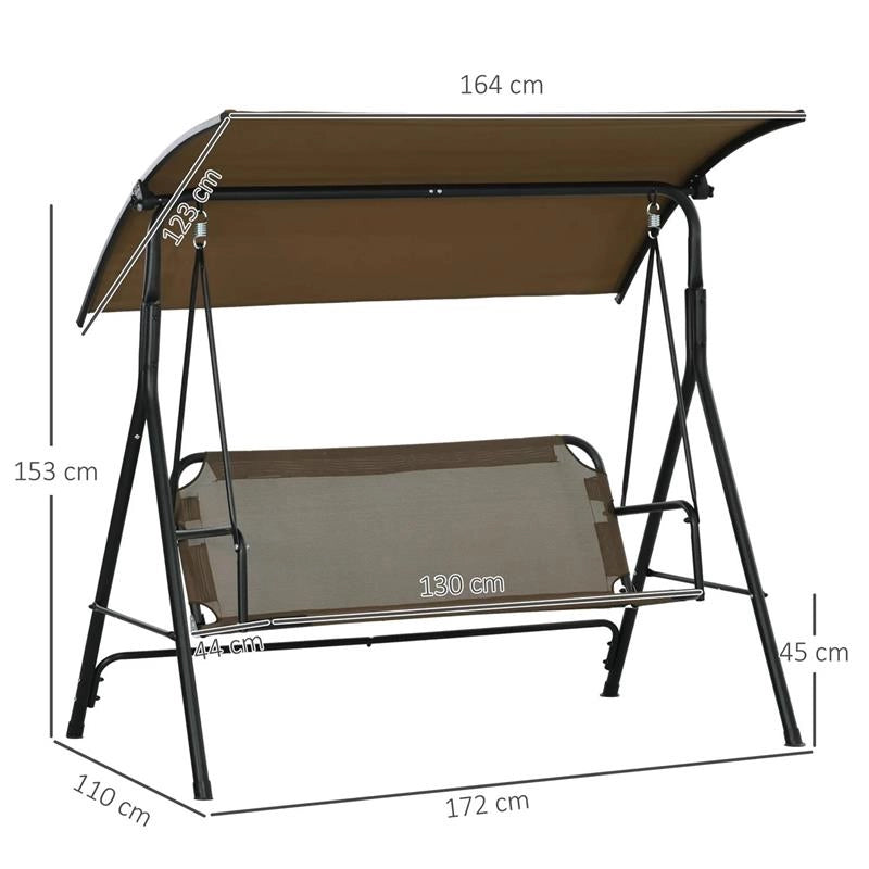 DONDOLO DA GIARDINO 3 POSTI CON COPERTURA REGOLABILE IN ACCIAIO E POLIESTERE 172X110X153 CM MARRONE E GRIGIO