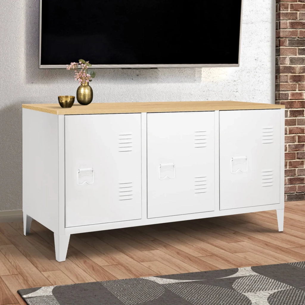 IDMarket - Credenza bassa ESTER 113 cm con 3 ante in metallo bianco e piano in legno dal design industriale