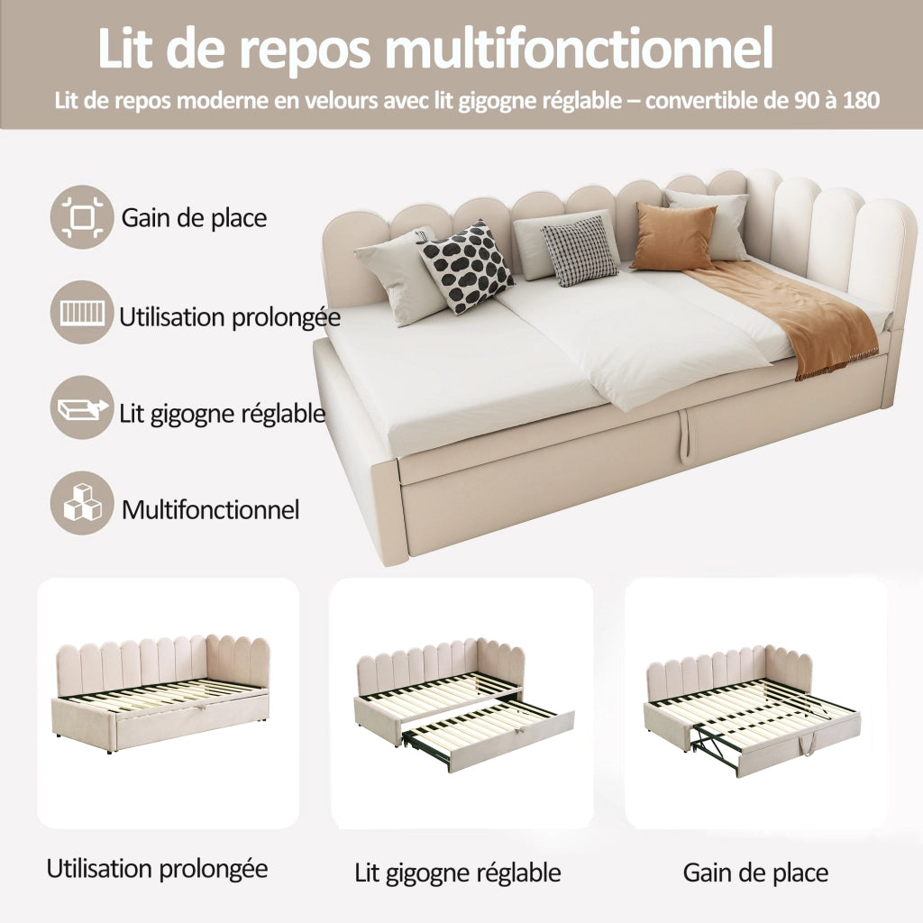 Letto estraibile 90 × 200 cm con letto supplementare, testiera e schienale imbottiti, senza materasso, beige
