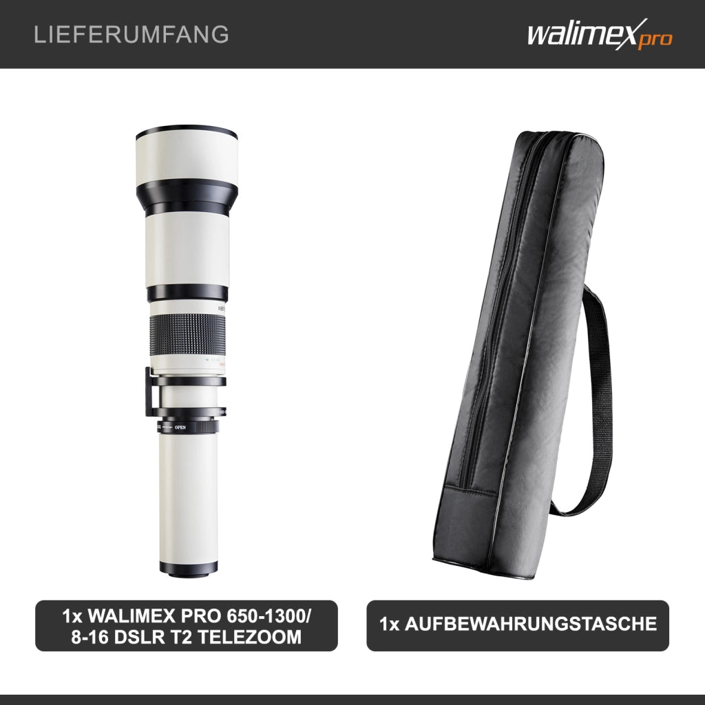 Teleobiettivo 650-1300mm 1:8-16 CSC per T2 - Focus manuale, obiettivo zoom tele per full-frame e Sensore APS-C, incl. coperchio e custodia