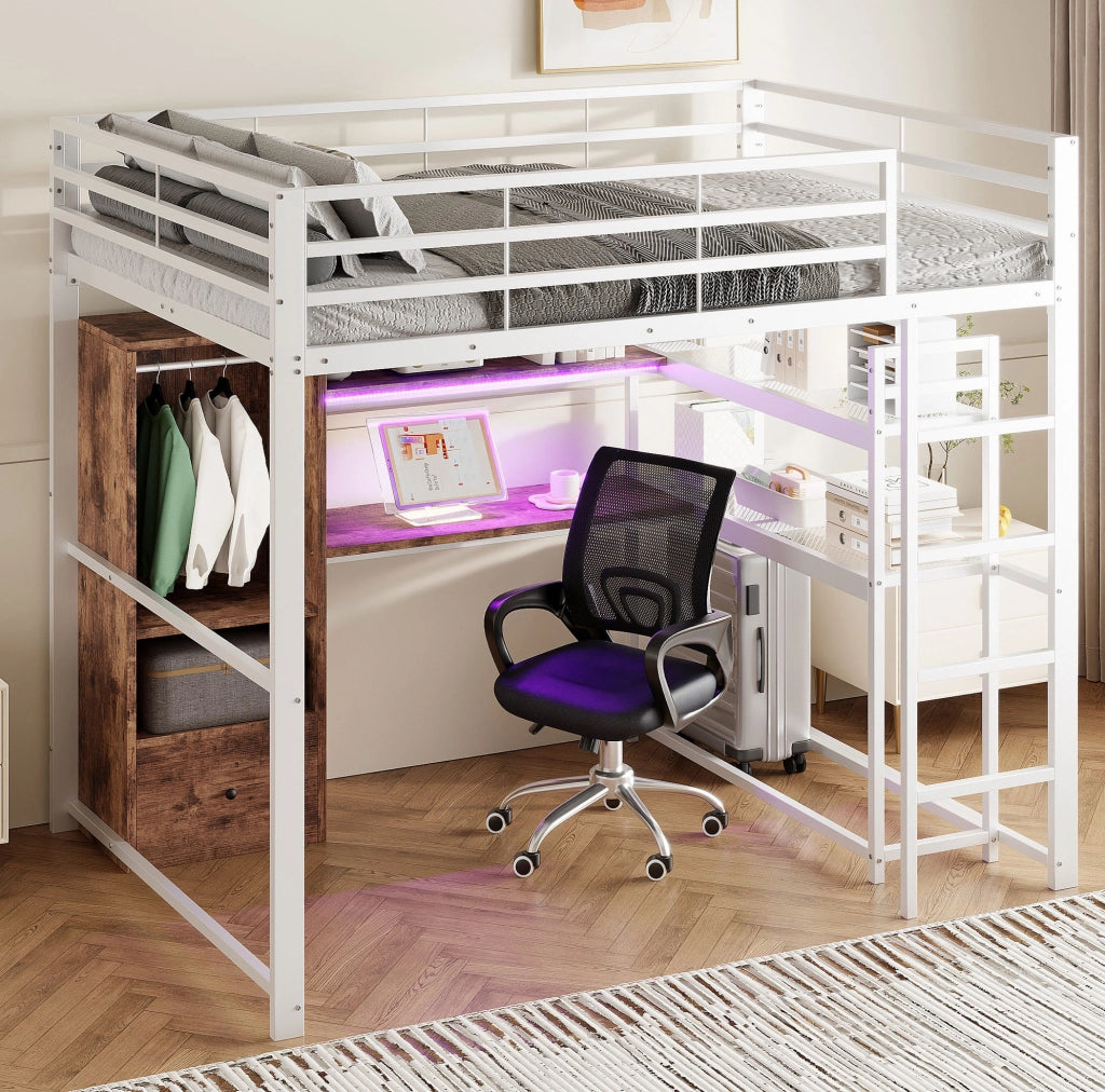 Letto a soppalco 140x200 cm con scrivania; LED e contenitore in MDF e metallo bianco
