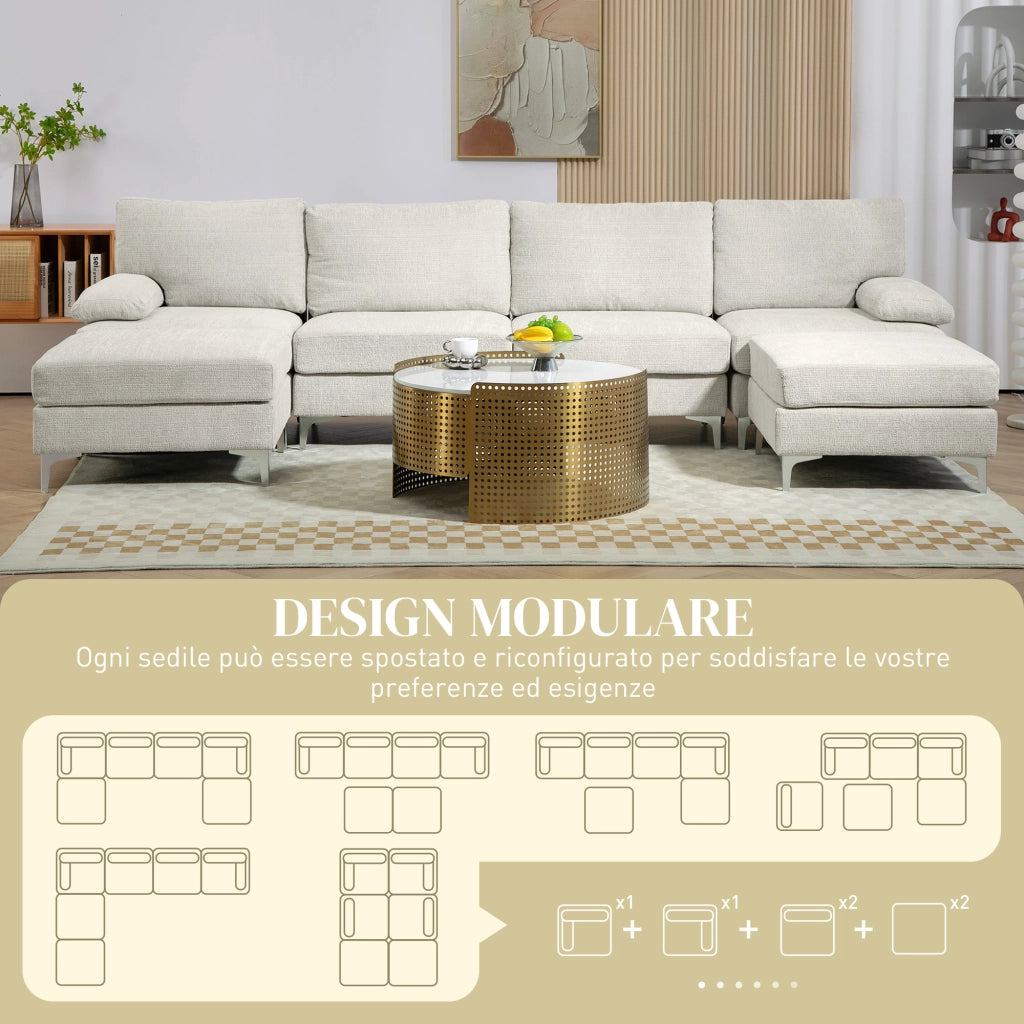 Divano Angolare 4 Posti con Poggiapiedi e Cuscini ¨C zephmum ¨C Tessuto Ciniglia Bianco Crema 313x149x88